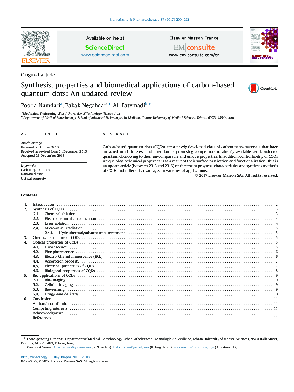 Synthesis, properties and biomedical applications of carbon-based quantum dots: An updated review