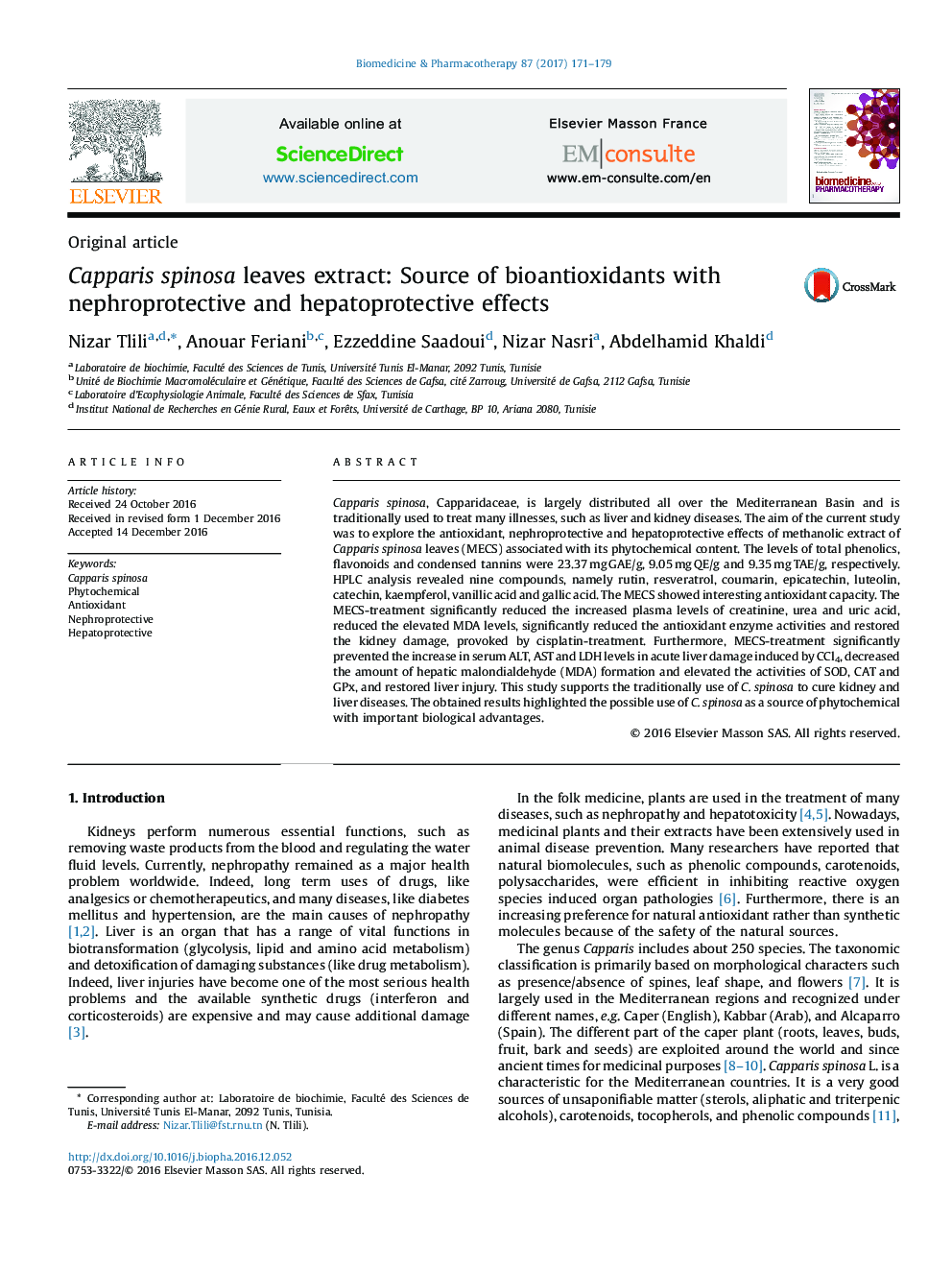 Capparis spinosa leaves extract: Source of bioantioxidants with nephroprotective and hepatoprotective effects