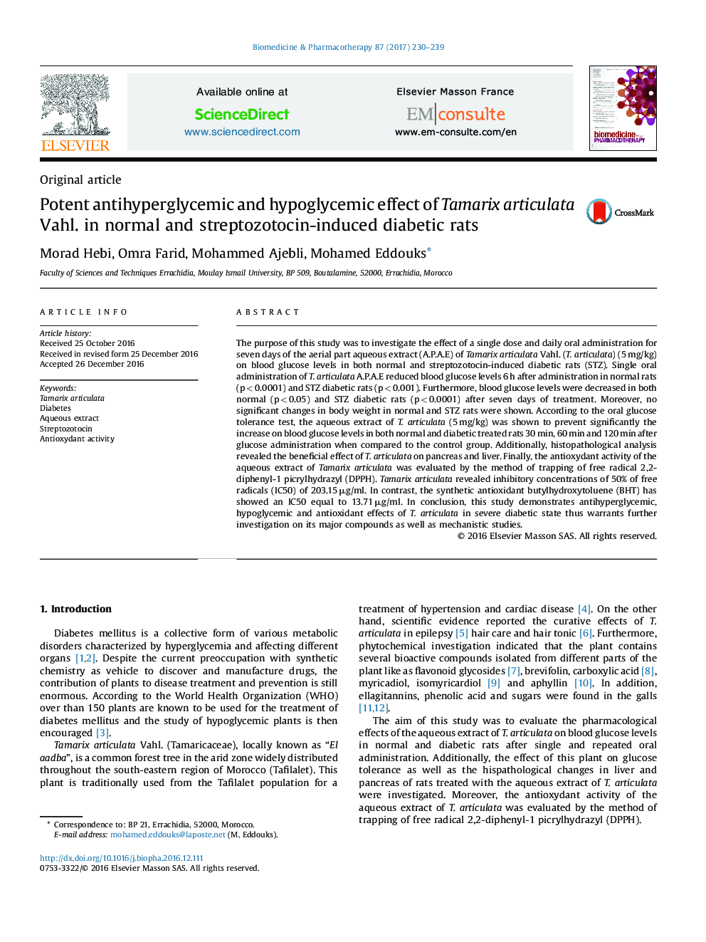 Potent antihyperglycemic and hypoglycemic effect of Tamarix articulata Vahl. in normal and streptozotocin-induced diabetic rats