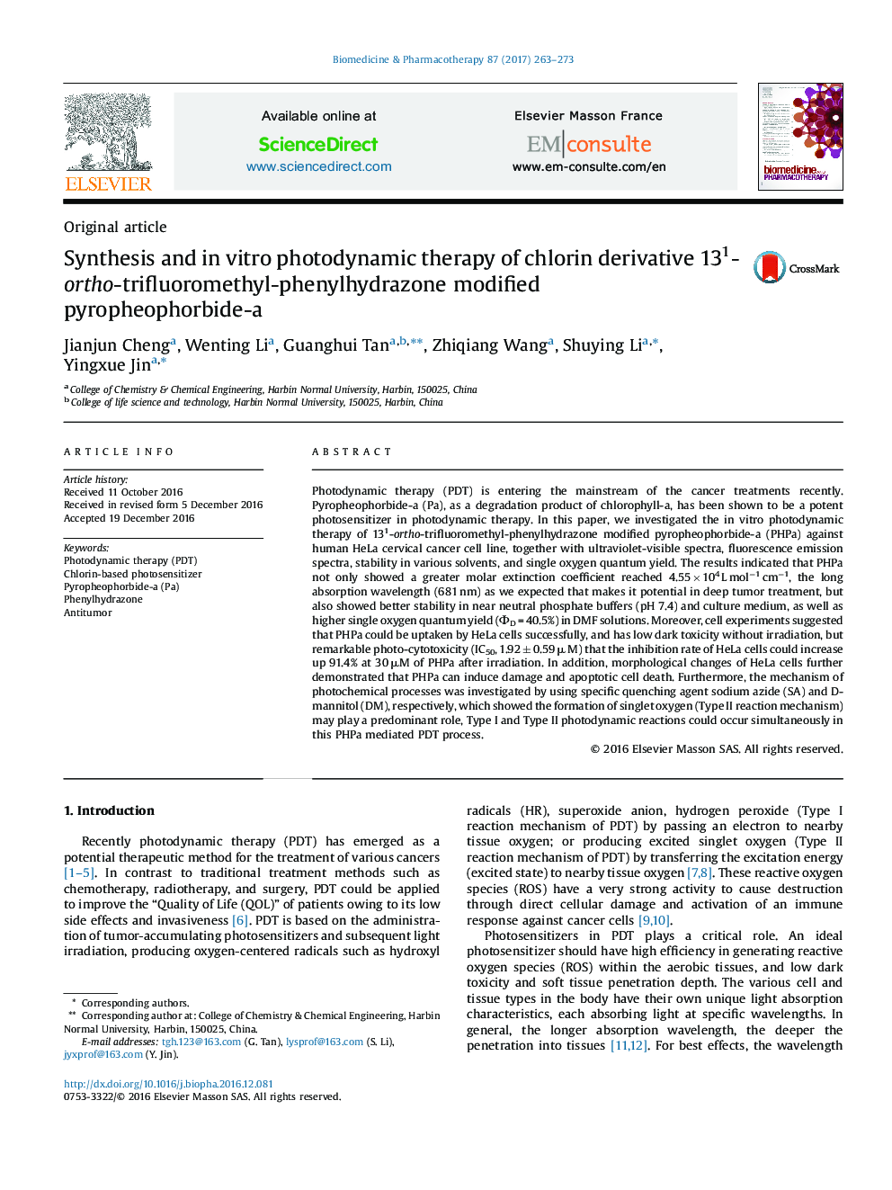 Synthesis and in vitro photodynamic therapy of chlorin derivative 131-ortho-trifluoromethyl-phenylhydrazone modified pyropheophorbide-a