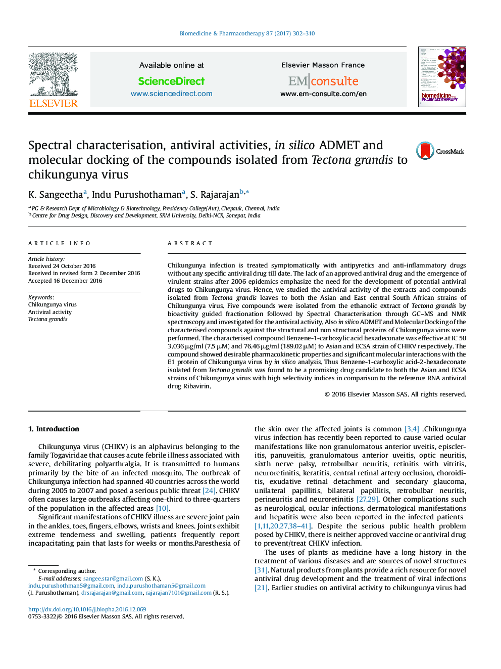 Spectral characterisation, antiviral activities, in silico ADMET and molecular docking of the compounds isolated from Tectona grandis to chikungunya virus