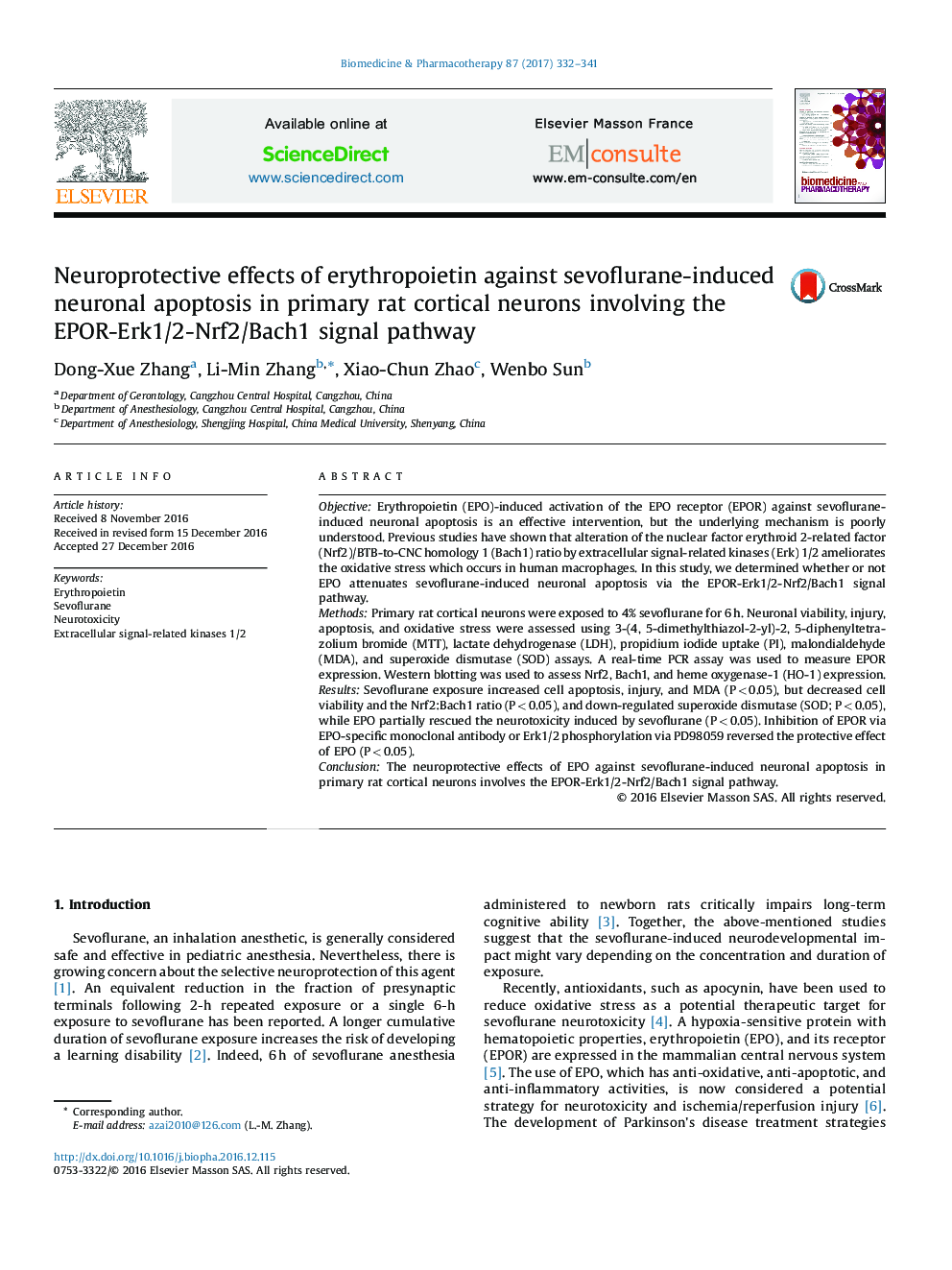 Neuroprotective effects of erythropoietin against sevoflurane-induced neuronal apoptosis in primary rat cortical neurons involving the EPOR-Erk1/2-Nrf2/Bach1 signal pathway