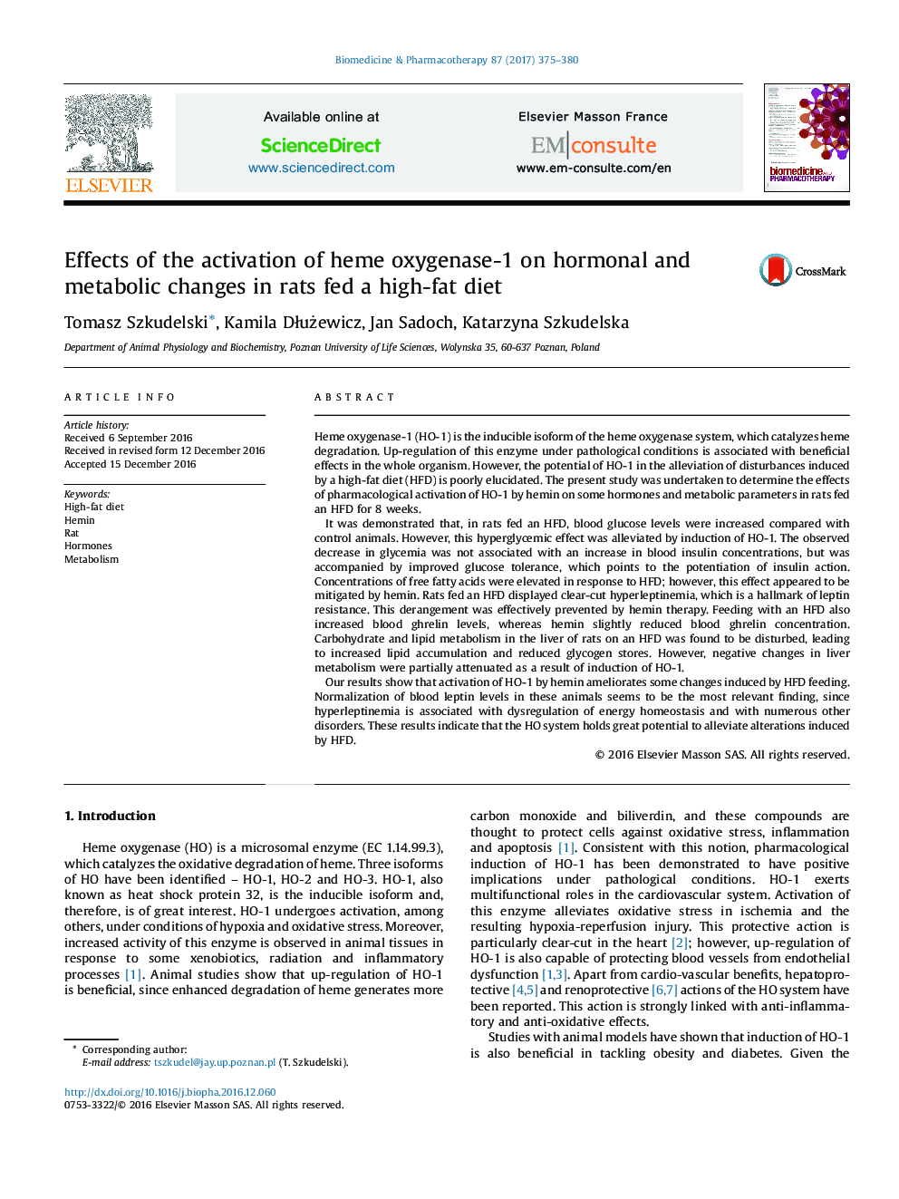 Effects of the activation of heme oxygenase-1 on hormonal and metabolic changes in rats fed a high-fat diet