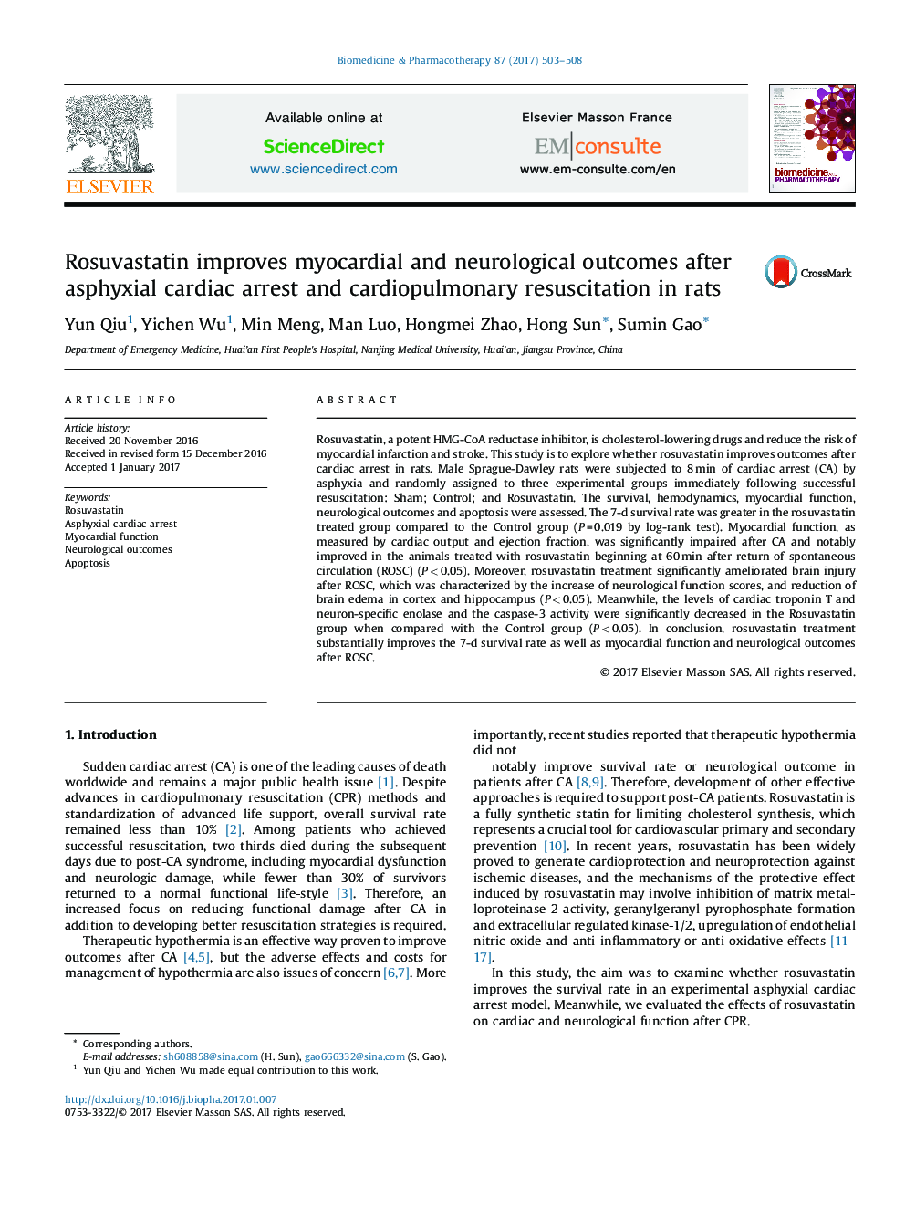 Rosuvastatin improves myocardial and neurological outcomes after asphyxial cardiac arrest and cardiopulmonary resuscitation in rats