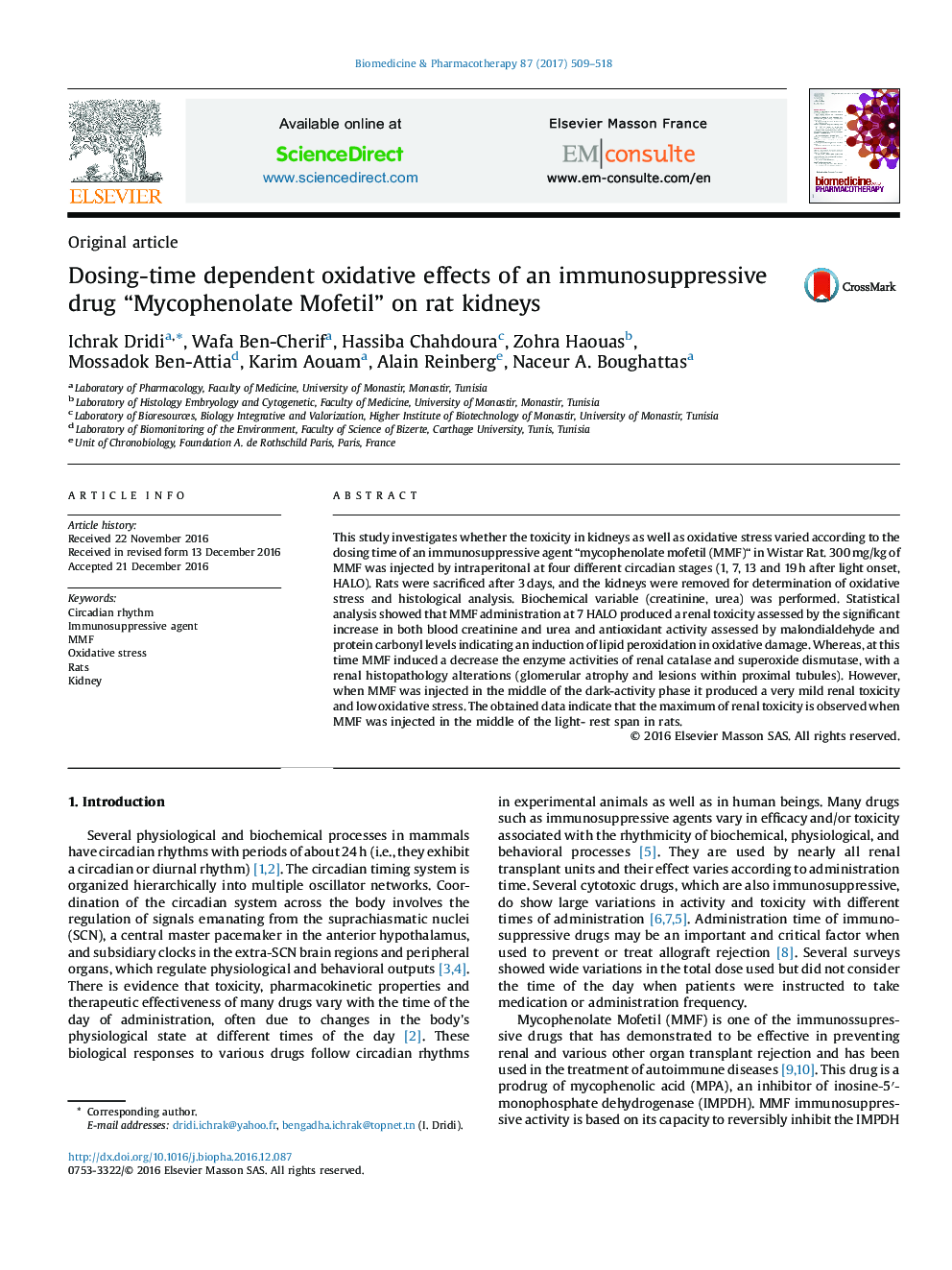 Dosing-time dependent oxidative effects of an immunosuppressive drug “Mycophenolate Mofetil” on rat kidneys