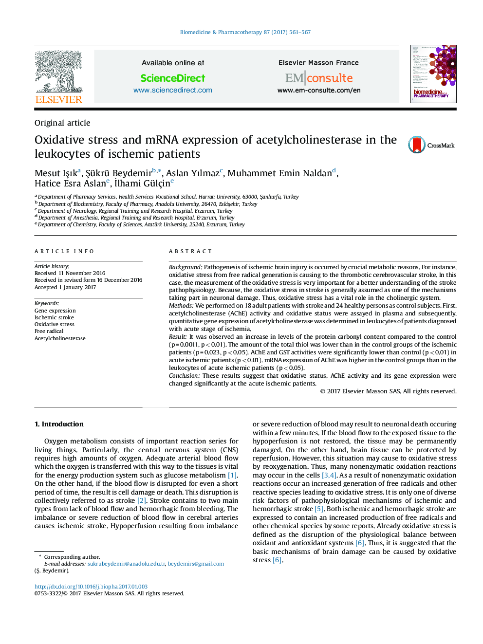 Oxidative stress and mRNA expression of acetylcholinesterase in the leukocytes of ischemic patients