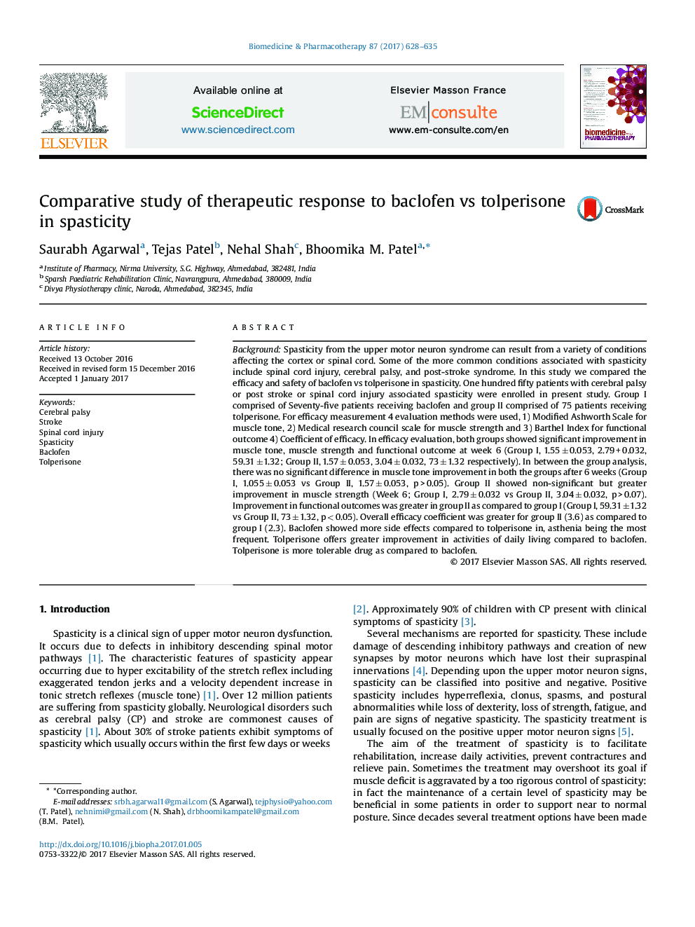 Comparative study of therapeutic response to baclofen vs tolperisone in spasticity