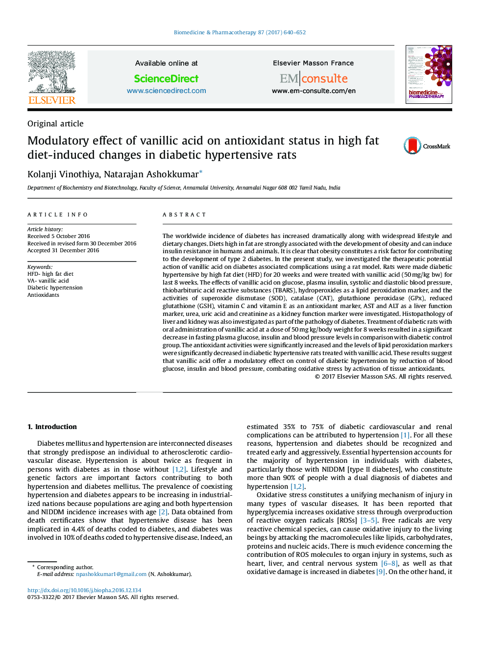 Modulatory effect of vanillic acid on antioxidant status in high fat diet-induced changes in diabetic hypertensive rats