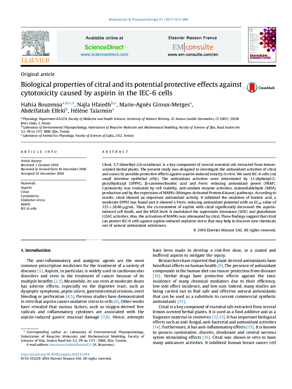 Biological properties of citral and its potential protective effects against cytotoxicity caused by aspirin in the IEC-6 cells