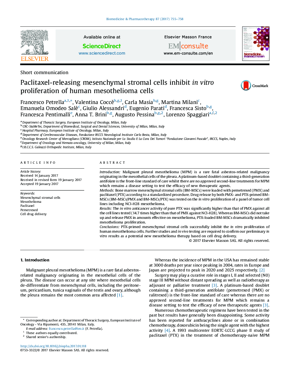 Paclitaxel-releasing mesenchymal stromal cells inhibit in vitro proliferation of human mesothelioma cells