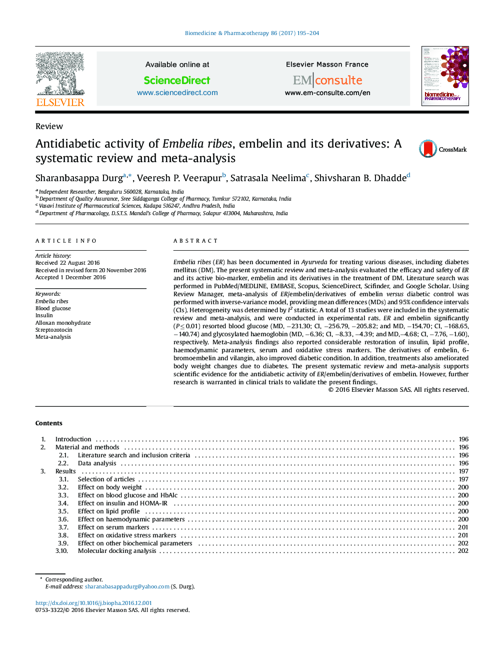 Antidiabetic activity of Embelia ribes, embelin and its derivatives: A systematic review and meta-analysis