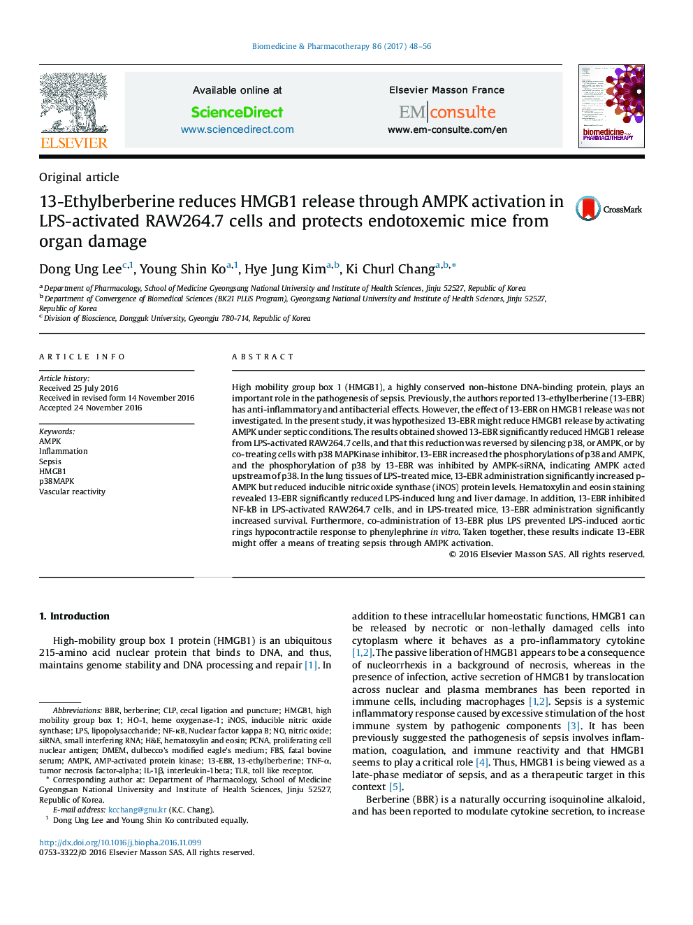 13-Ethylberberine reduces HMGB1 release through AMPK activation in LPS-activated RAW264.7 cells and protects endotoxemic mice from organ damage