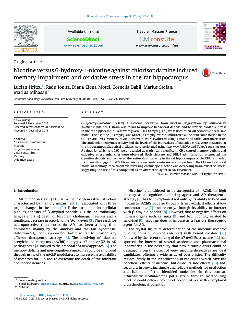 Nicotine versus 6-hydroxy-l-nicotine against chlorisondamine induced memory impairment and oxidative stress in the rat hippocampus