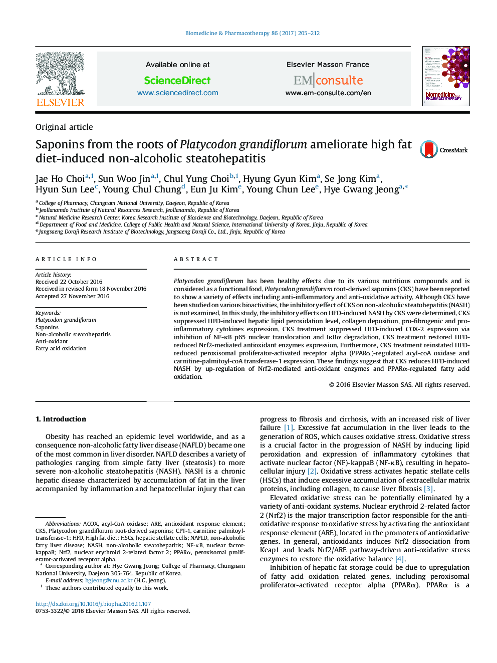 Saponins from the roots of Platycodon grandiflorum ameliorate high fat diet-induced non-alcoholic steatohepatitis