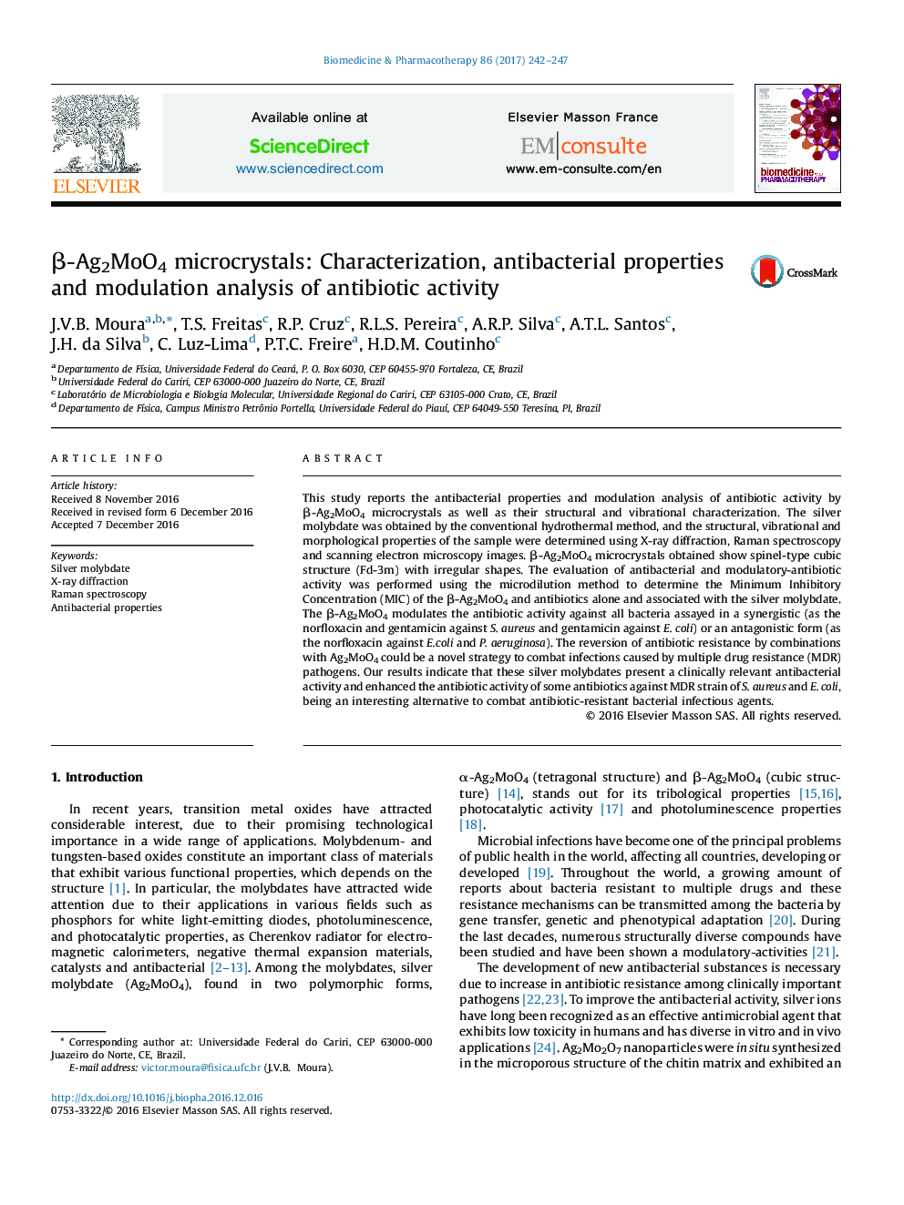 Î²-Ag2MoO4 microcrystals: Characterization, antibacterial properties and modulation analysis of antibiotic activity
