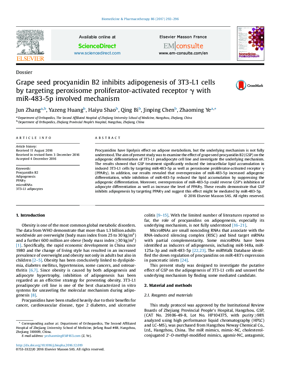 Grape seed procyanidin B2 inhibits adipogenesis of 3T3-L1 cells by targeting peroxisome proliferator-activated receptor Î³ with miR-483-5p involved mechanism