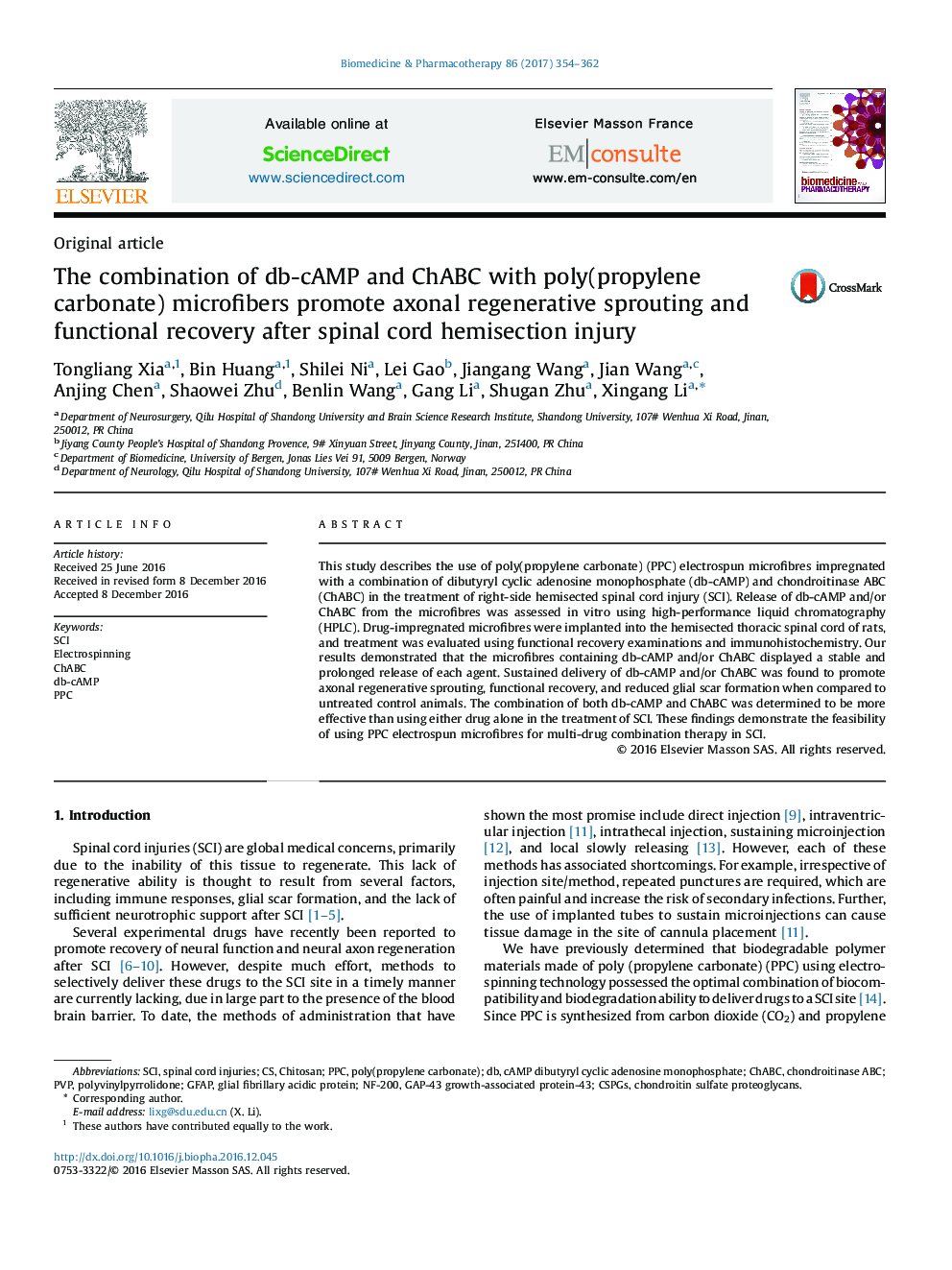 The combination of db-cAMP and ChABC with poly(propylene carbonate) microfibers promote axonal regenerative sprouting and functional recovery after spinal cord hemisection injury