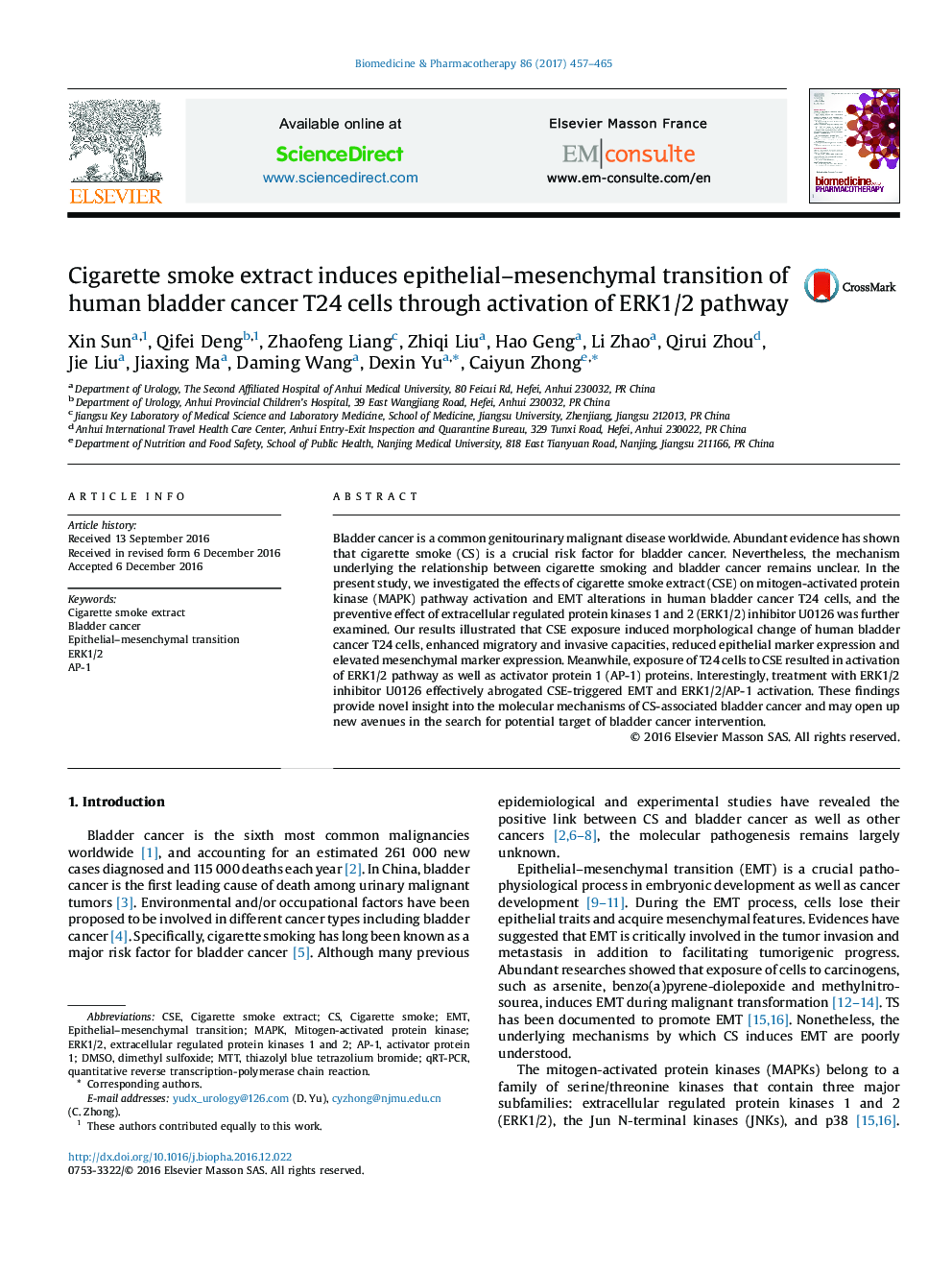 Cigarette smoke extract induces epithelial-mesenchymal transition of human bladder cancer T24 cells through activation of ERK1/2 pathway