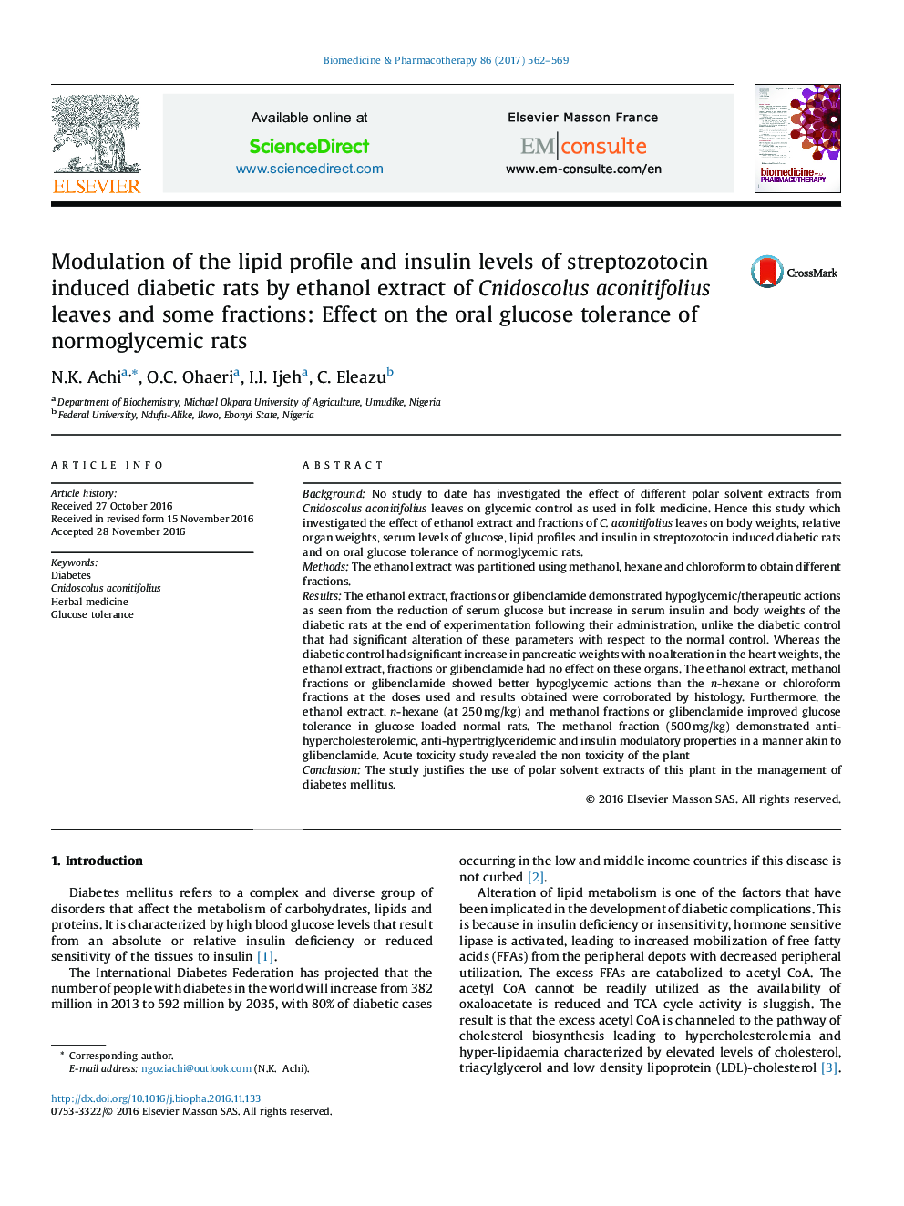 Modulation of the lipid profile and insulin levels of streptozotocin induced diabetic rats by ethanol extract of Cnidoscolus aconitifolius leaves and some fractions: Effect on the oral glucose tolerance of normoglycemic rats