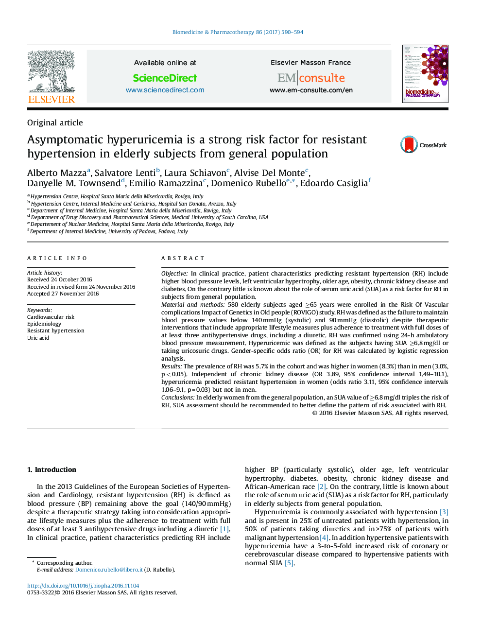 Asymptomatic hyperuricemia is a strong risk factor for resistant hypertension in elderly subjects from general population