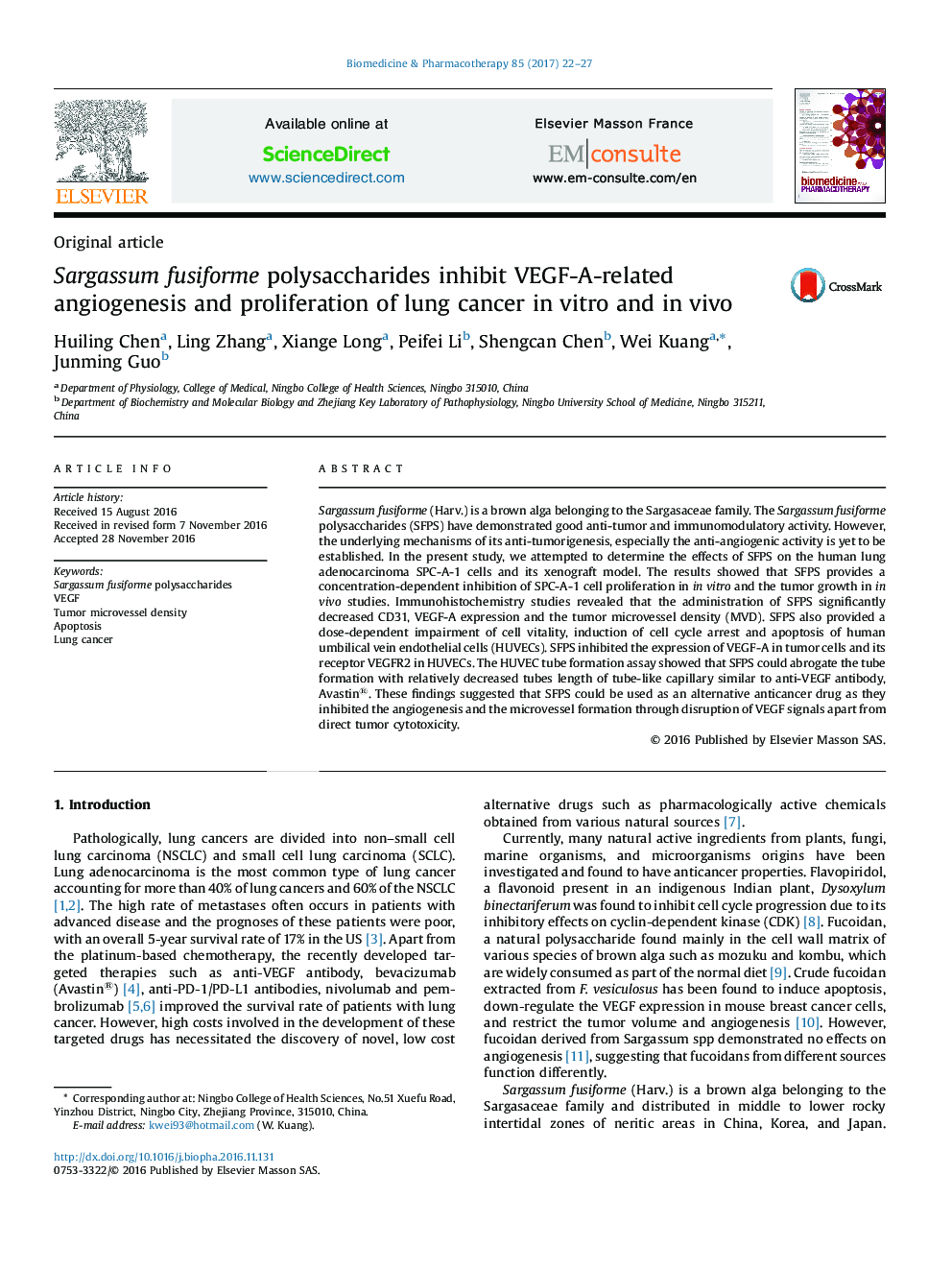 Sargassum fusiforme polysaccharides inhibit VEGF-A-related angiogenesis and proliferation of lung cancer in vitro and in vivo