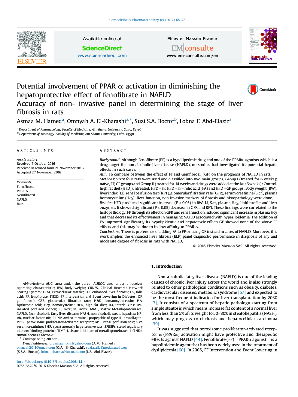 Potential involvement of PPAR Î± activation in diminishing the hepatoprotective effect of fenofibrate in NAFLD: Accuracy of non- invasive panel in determining the stage of liver fibrosis in rats