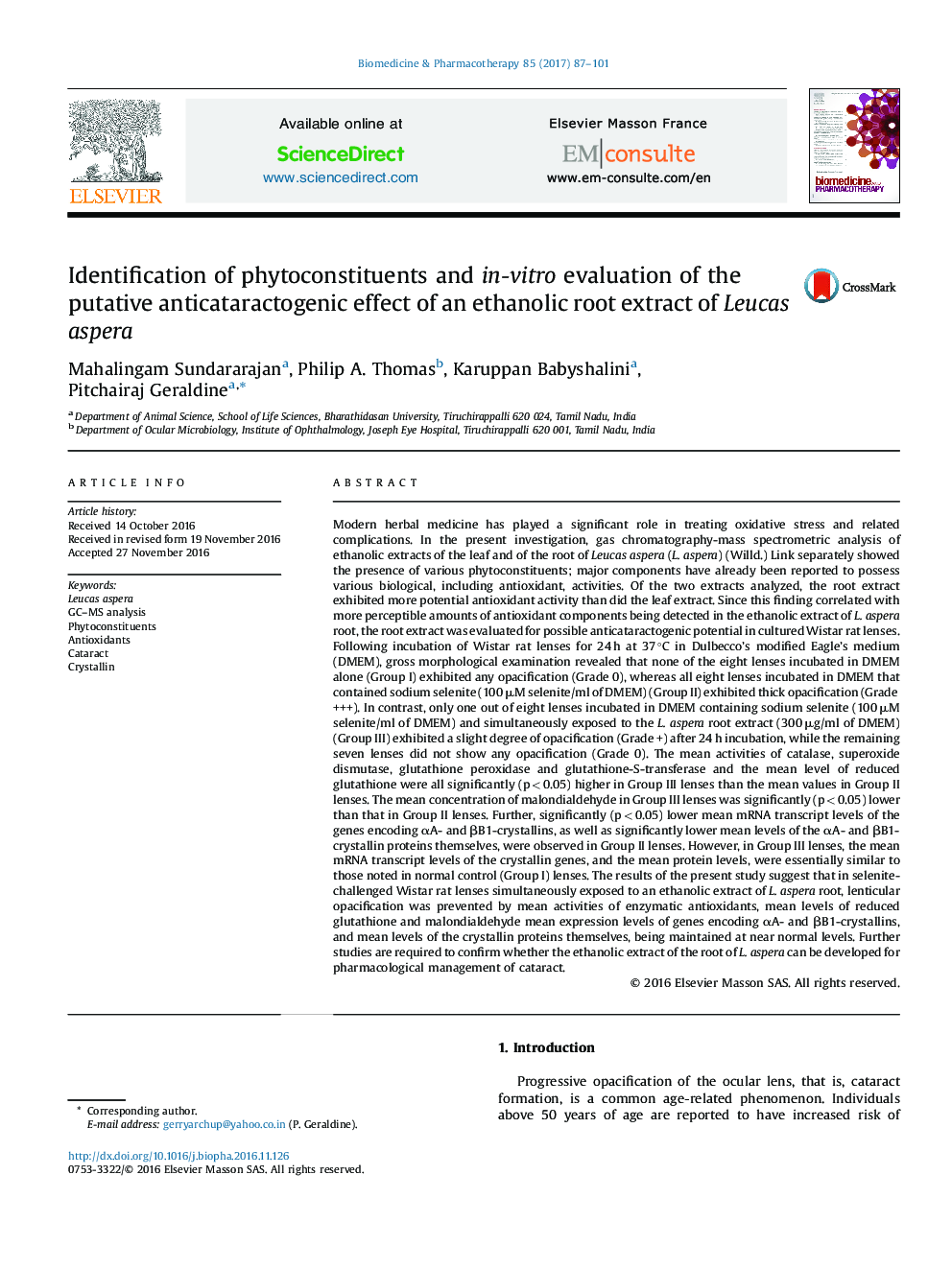 Identification of phytoconstituents and in-vitro evaluation of the putative anticataractogenic effect of an ethanolic root extract of Leucas aspera
