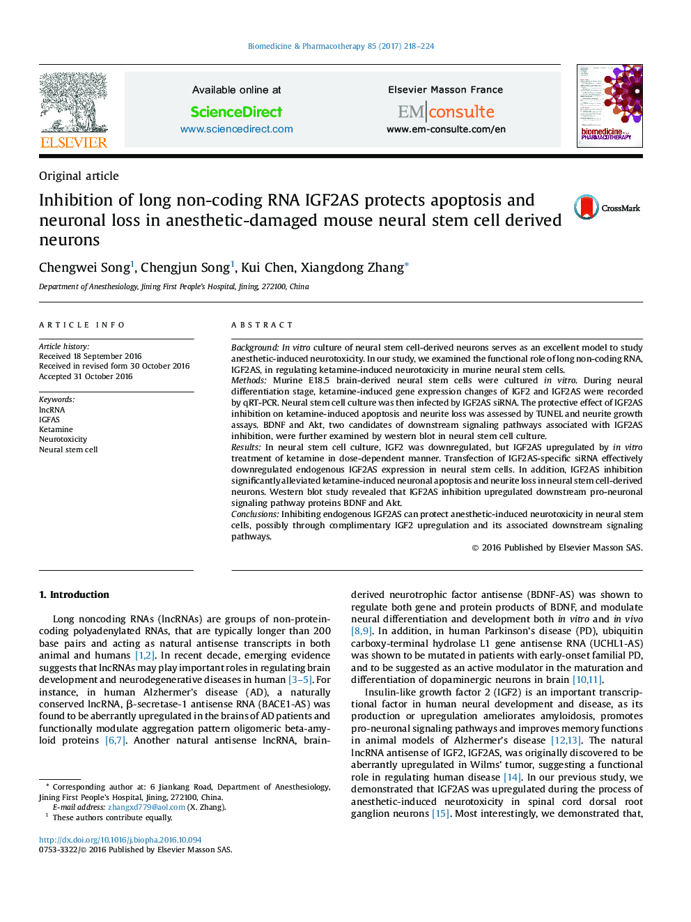 Inhibition of long non-coding RNA IGF2AS protects apoptosis and neuronal loss in anesthetic-damaged mouse neural stem cell derived neurons