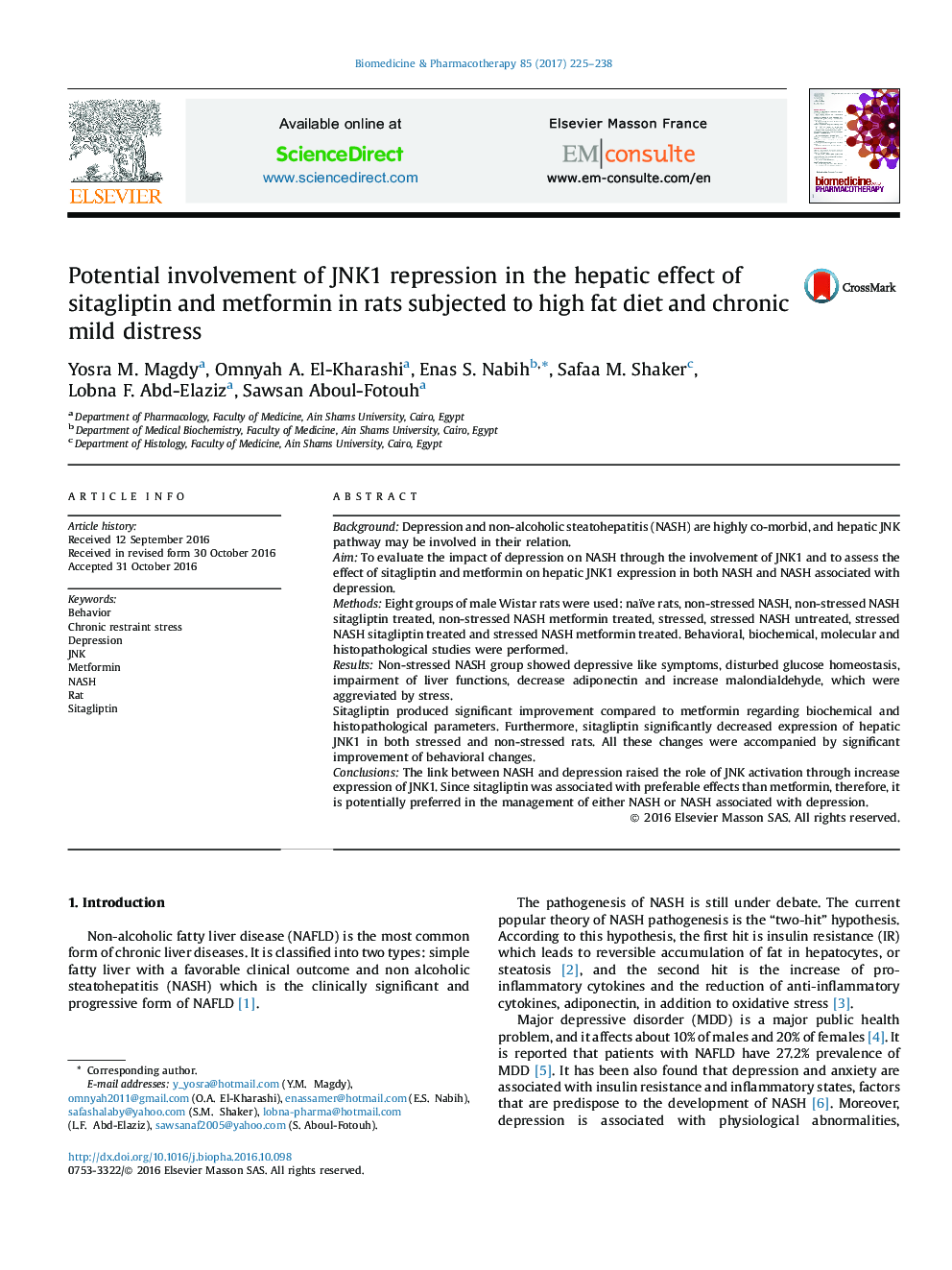 Potential involvement of JNK1 repression in the hepatic effect of sitagliptin and metformin in rats subjected to high fat diet and chronic mild distress