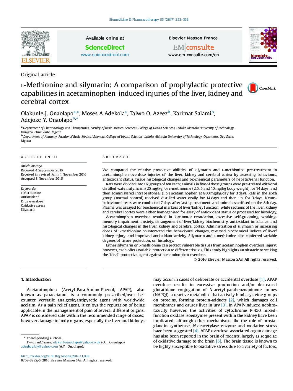 l-Methionine and silymarin: A comparison of prophylactic protective capabilities in acetaminophen-induced injuries of the liver, kidney and cerebral cortex