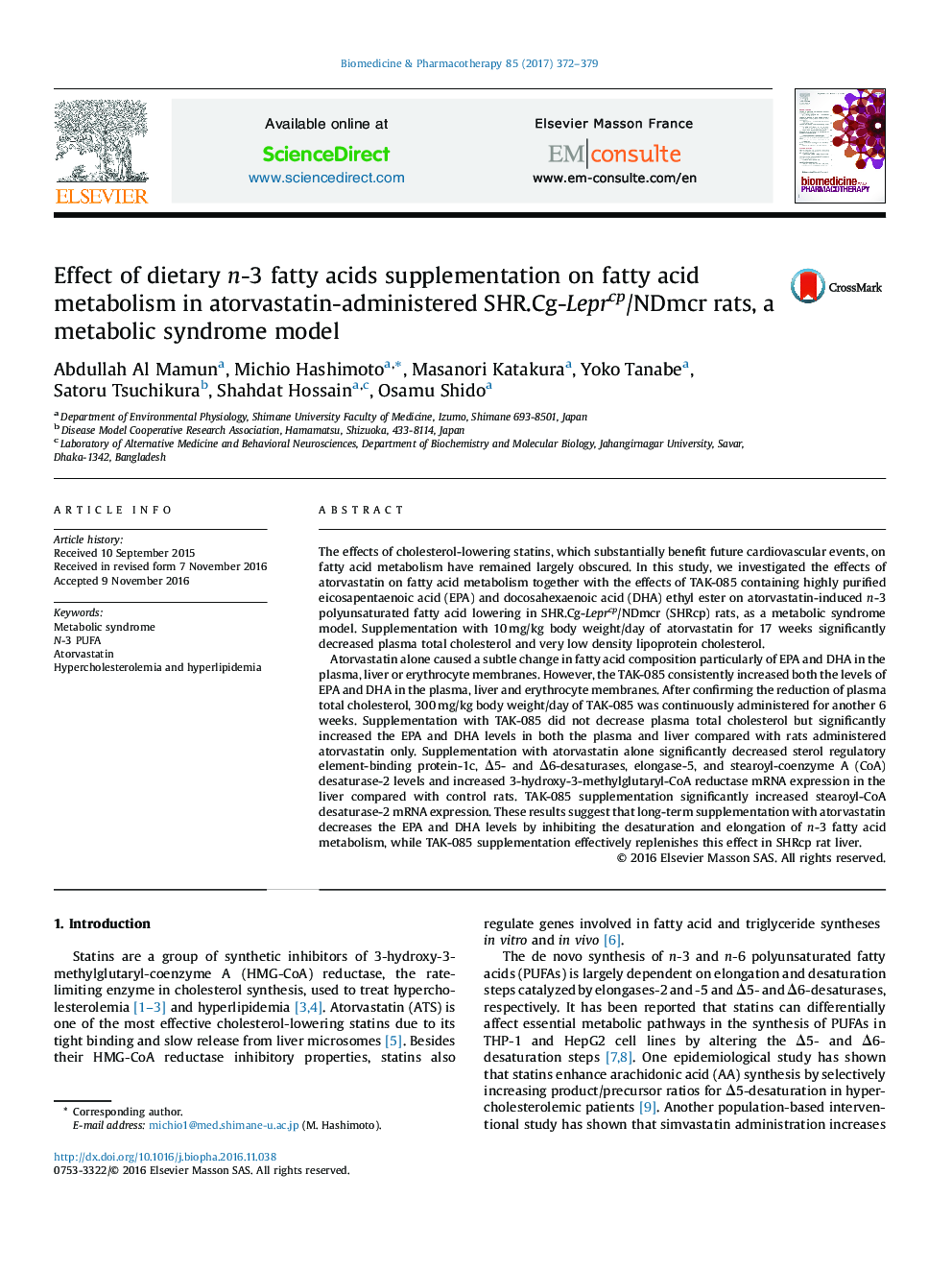 Effect of dietary n-3 fatty acids supplementation on fatty acid metabolism in atorvastatin-administered SHR.Cg-Leprcp/NDmcr rats, a metabolic syndrome model