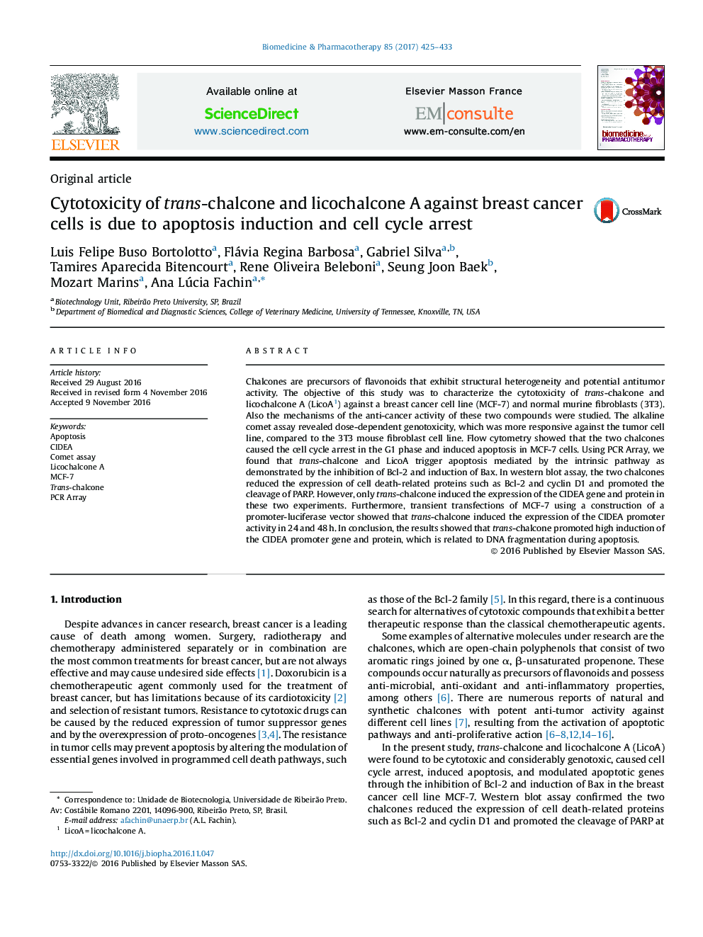 Cytotoxicity of trans-chalcone and licochalcone A against breast cancer cells is due to apoptosis induction and cell cycle arrest