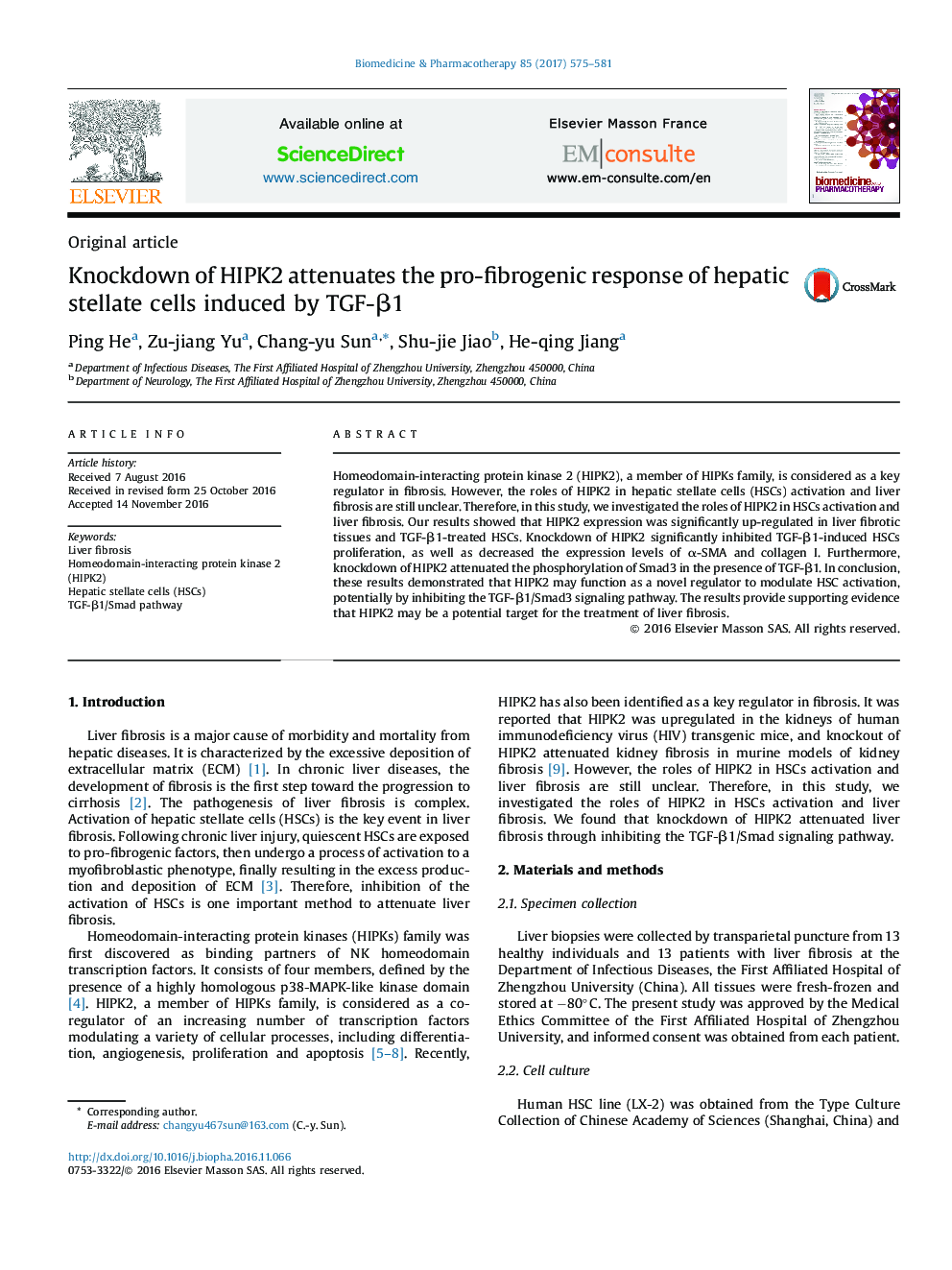 Knockdown of HIPK2 attenuates the pro-fibrogenic response of hepatic stellate cells induced by TGF-Î²1