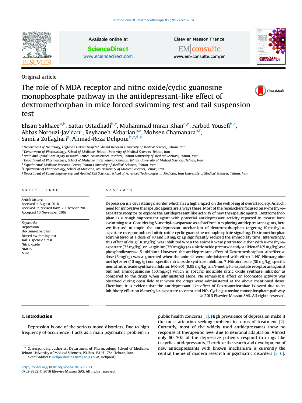 The role of NMDA receptor and nitric oxide/cyclic guanosine monophosphate pathway in the antidepressant-like effect of dextromethorphan in mice forced swimming test and tail suspension test