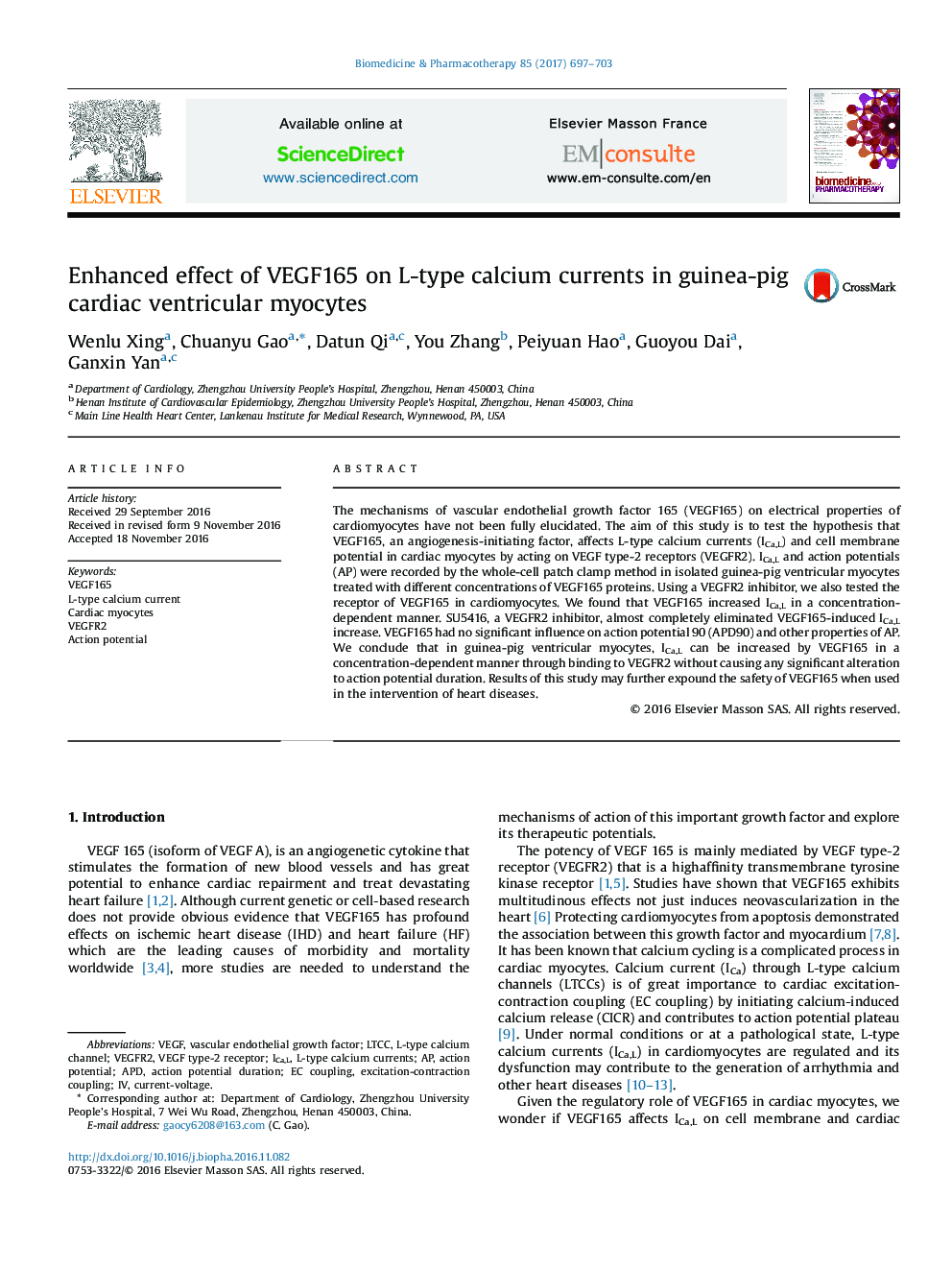 Enhanced effect of VEGF165 on L-type calcium currents in guinea-pig cardiac ventricular myocytes