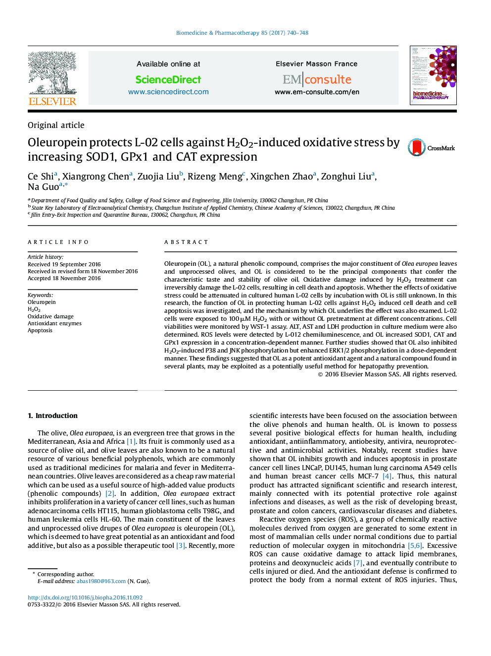 Oleuropein protects L-02 cells against H2O2-induced oxidative stress by increasing SOD1, GPx1 and CAT expression