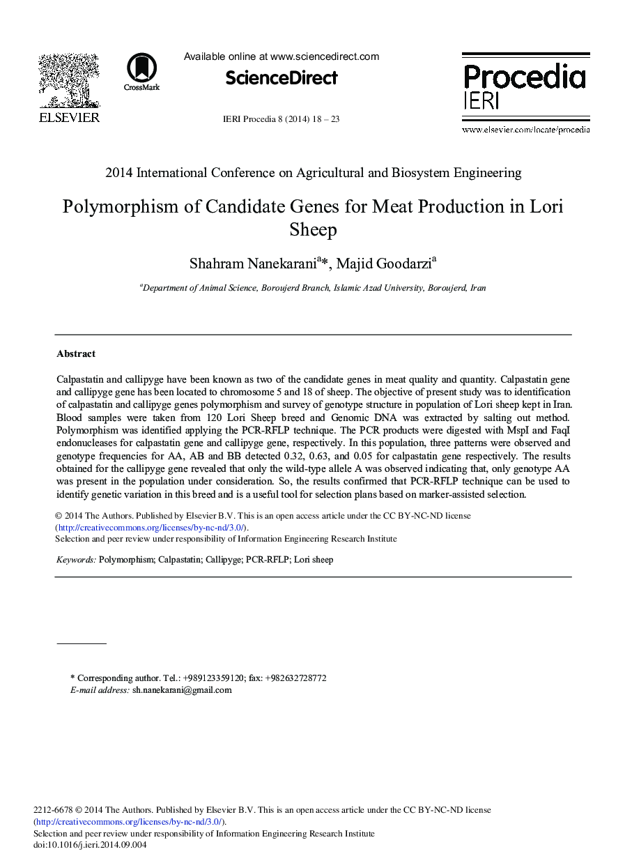 Polymorphism of Candidate Genes for Meat Production in Lori Sheep 