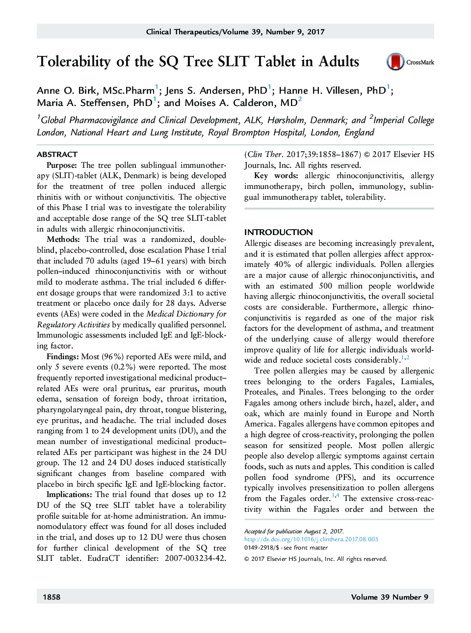 Tolerability of the SQ Tree SLIT Tablet in Adults