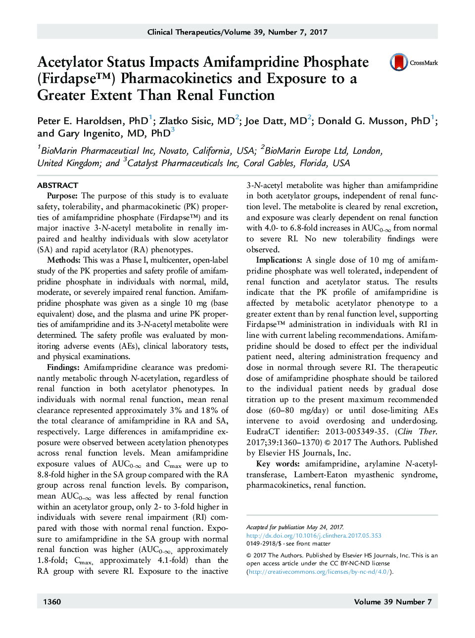 Acetylator Status Impacts Amifampridine Phosphate (Firdapseâ¢) Pharmacokinetics and Exposure to a Greater Extent Than Renal Function