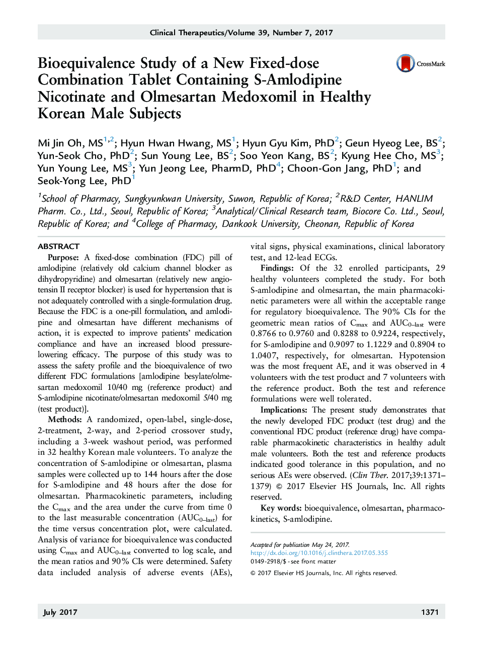 Bioequivalence Study of a New Fixed-dose Combination Tablet Containing S-Amlodipine Nicotinate and Olmesartan Medoxomil in Healthy Korean Male Subjects