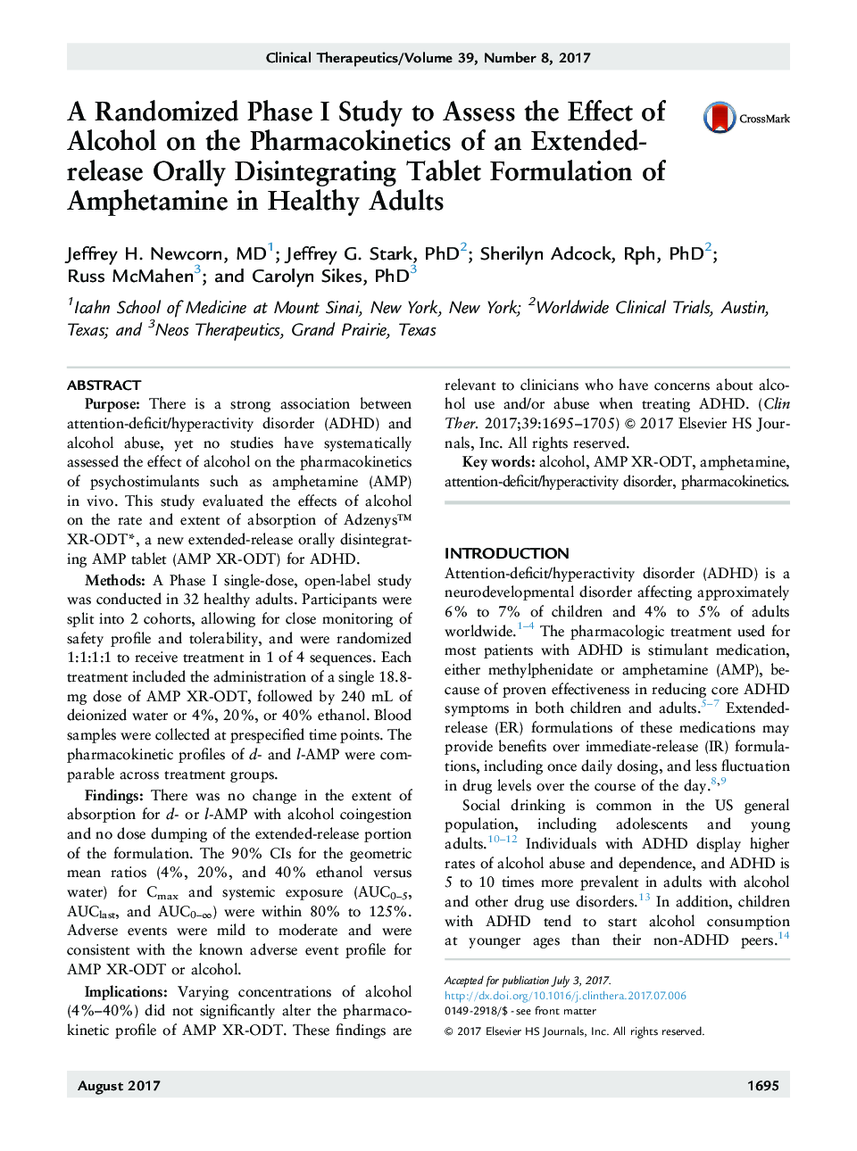 A Randomized Phase I Study to Assess the Effect of Alcohol on the Pharmacokinetics of an Extended-release Orally Disintegrating Tablet Formulation of Amphetamine in Healthy Adults