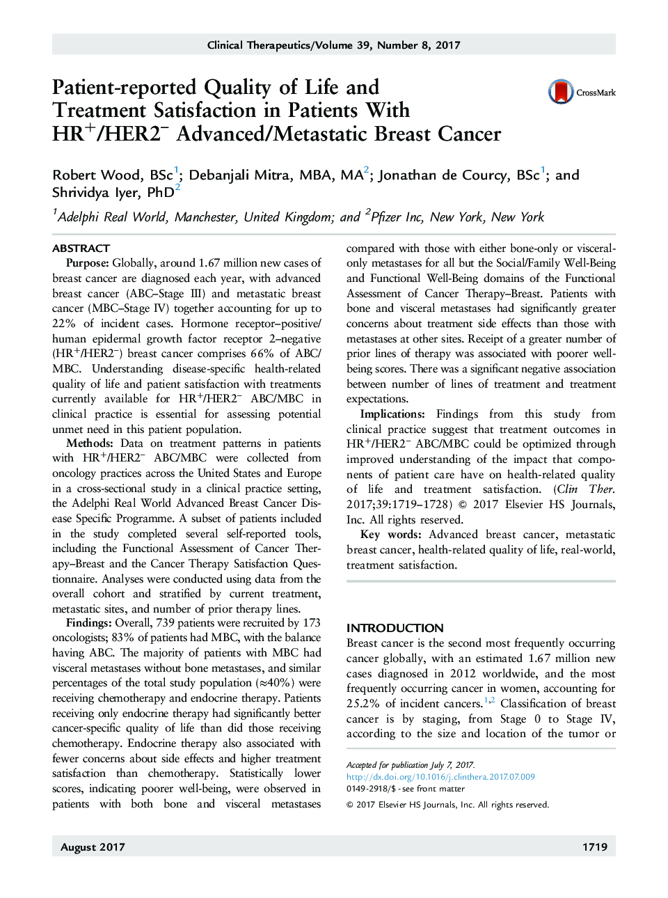 Patient-reported Quality of Life and Treatment Satisfaction in Patients With HR+/HER2- Advanced/Metastatic Breast Cancer