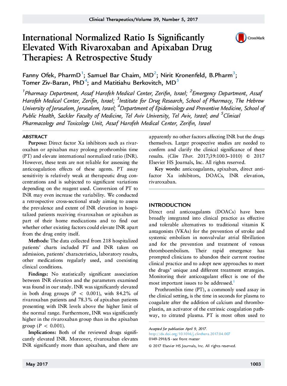 International Normalized Ratio Is Significantly Elevated With Rivaroxaban and Apixaban Drug Therapies: A Retrospective Study