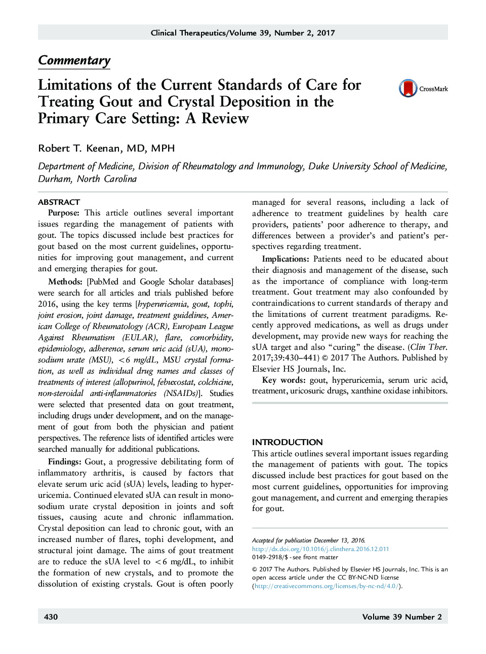 Limitations of the Current Standards of Care for Treating Gout and Crystal Deposition in the Primary Care Setting: A Review