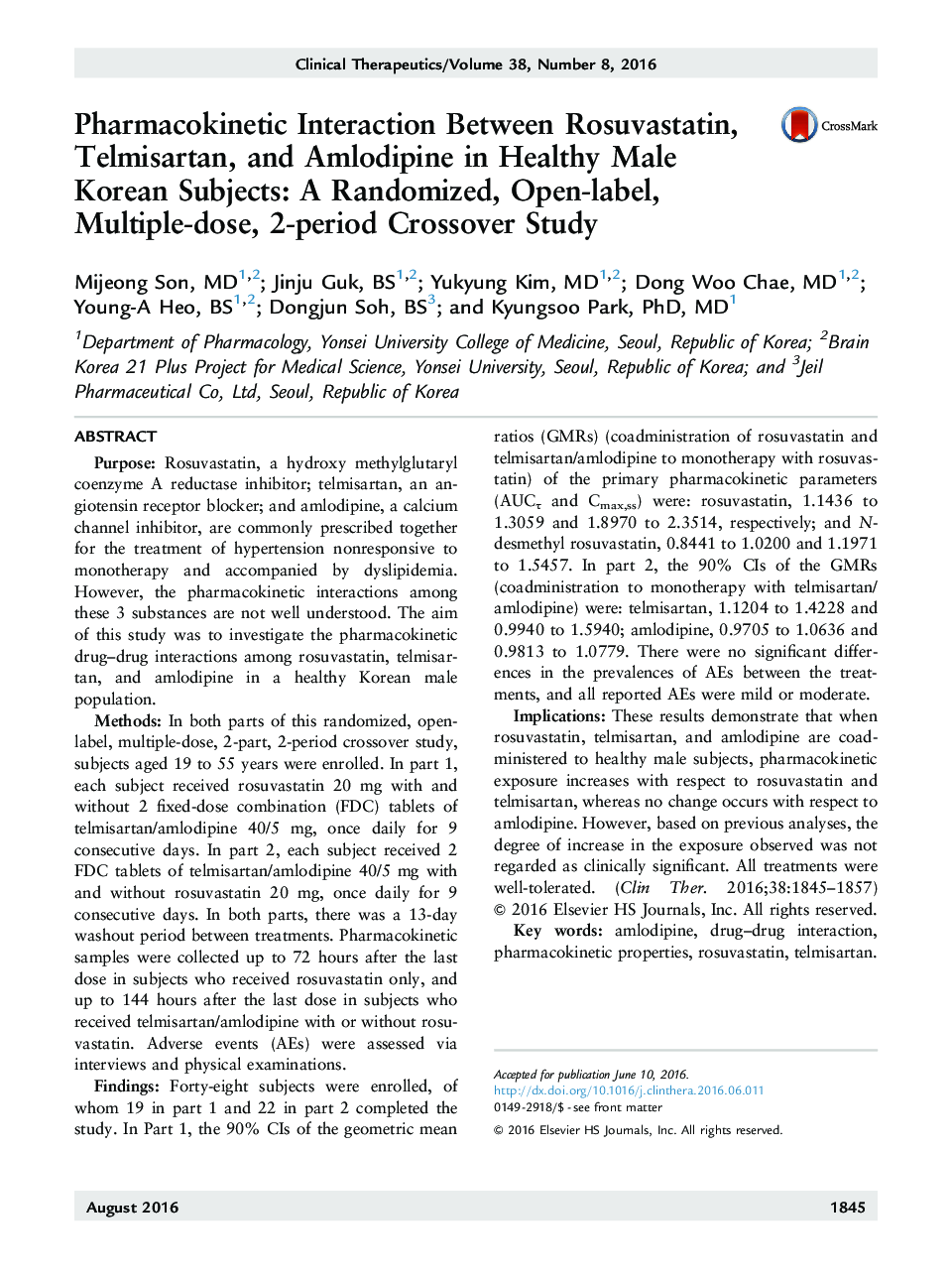 Pharmacokinetic Interaction Between Rosuvastatin, Telmisartan, and Amlodipine in Healthy Male Korean Subjects: A Randomized, Open-label, Multiple-dose, 2-period Crossover Study