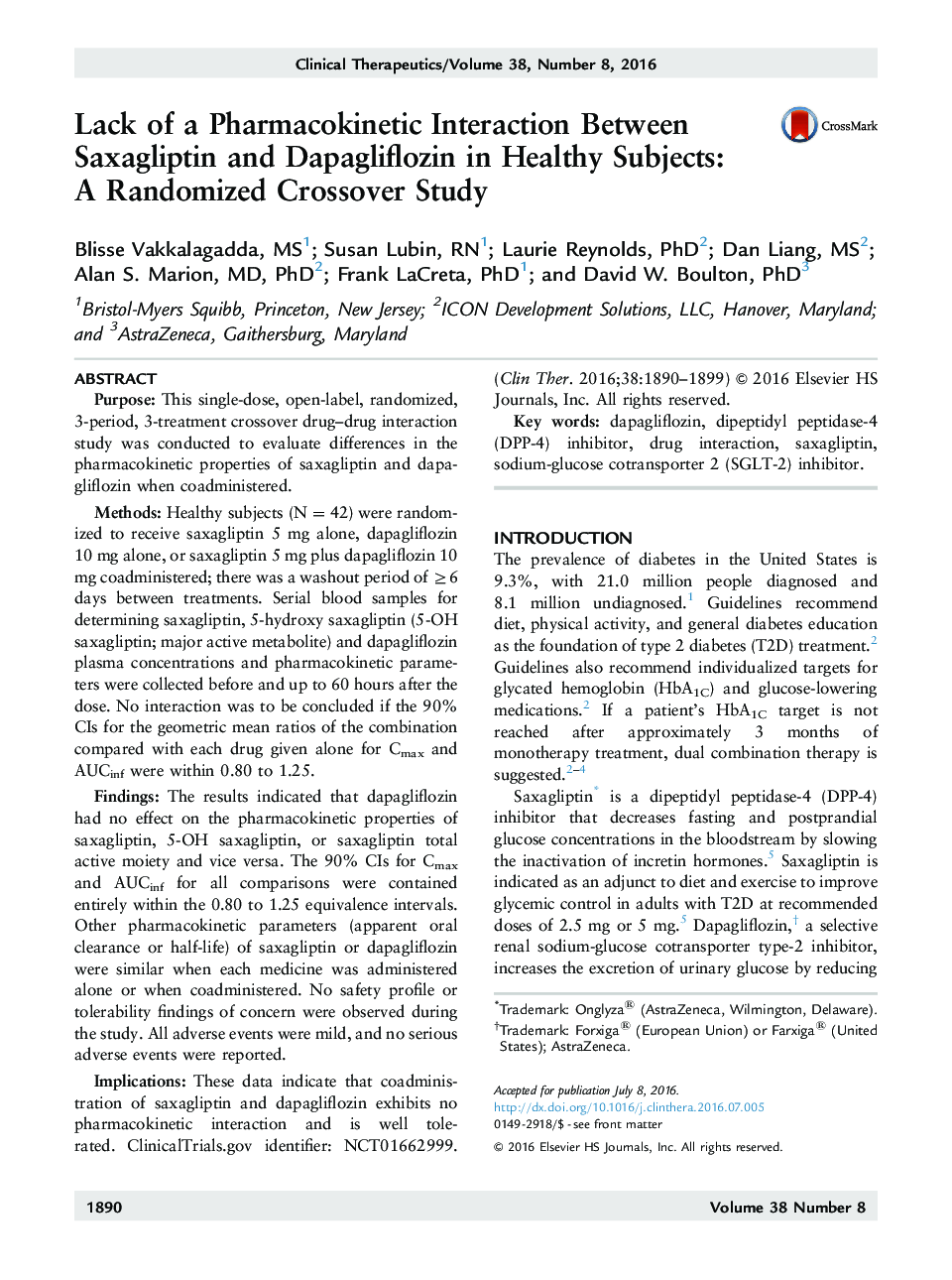 Lack of a Pharmacokinetic Interaction Between Saxagliptin and Dapagliflozin in Healthy Subjects: A Randomized Crossover Study
