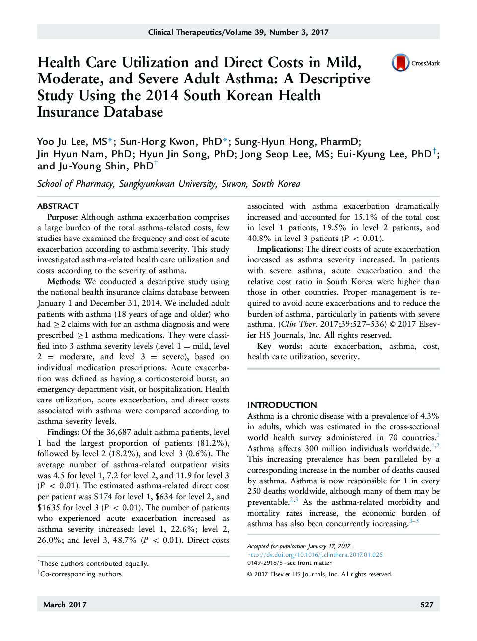 Health Care Utilization and Direct Costs in Mild, Moderate, and Severe Adult Asthma: A Descriptive Study Using the 2014 South Korean Health Insurance Database