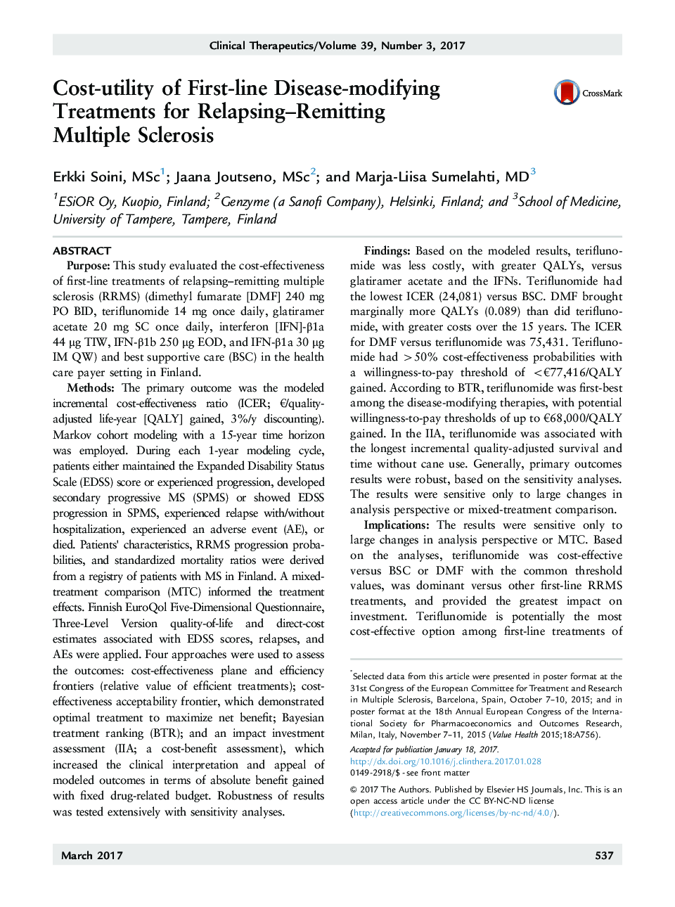 Cost-utility of First-line Disease-modifying Treatments for Relapsing-Remitting Multiple Sclerosisâ