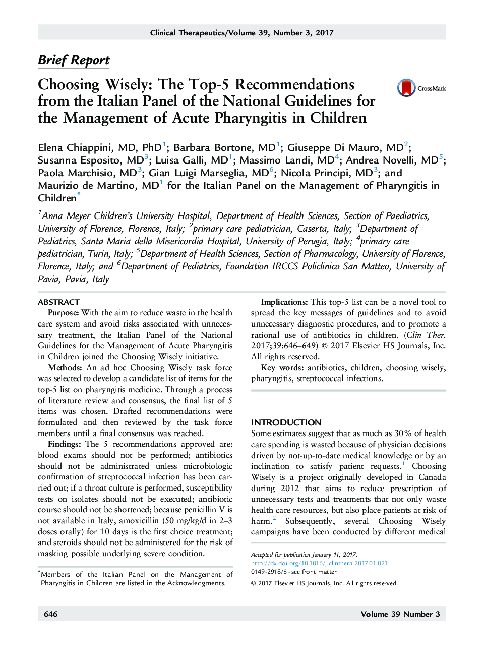 Choosing Wisely: The Top-5 Recommendations from the Italian Panel of the National Guidelines for the Management of Acute Pharyngitis in Children