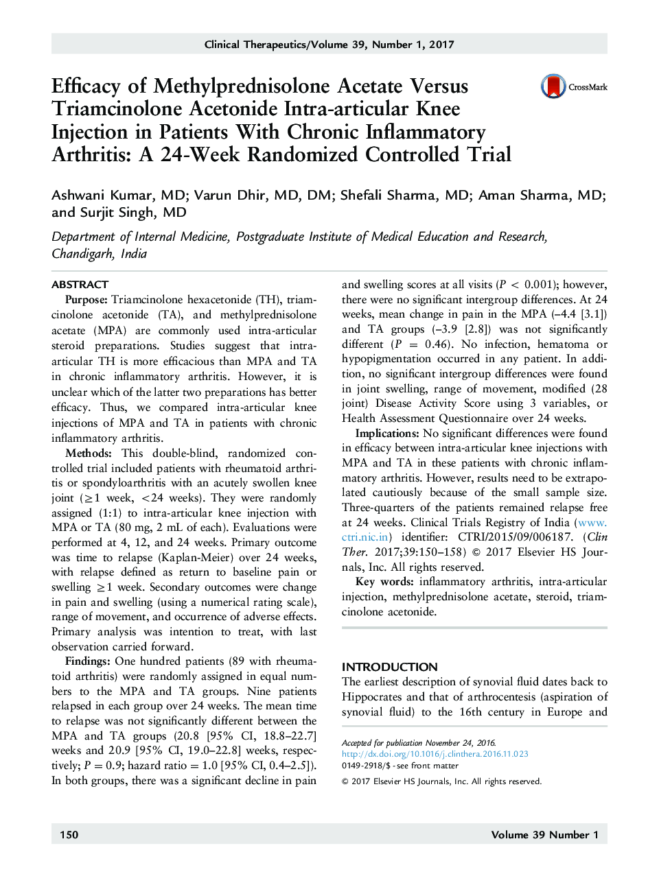 Efficacy of Methylprednisolone Acetate Versus Triamcinolone Acetonide Intra-articular Knee Injection in Patients With Chronic Inflammatory Arthritis: A 24-Week Randomized Controlled Trial